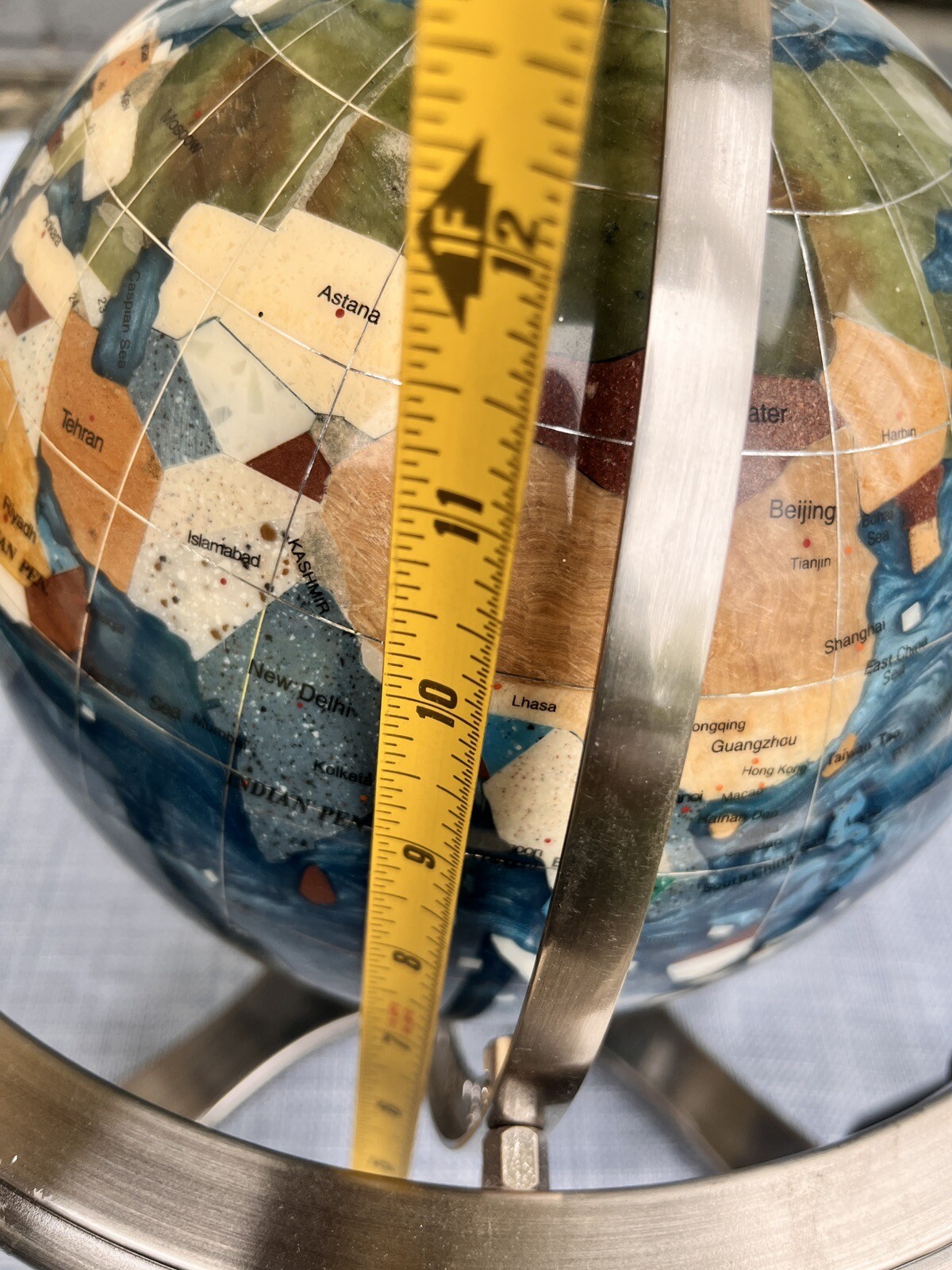 12" Tall Gemstone Table Top Gem Pearl /Gemstone World Map Globe Gorgeous Silver