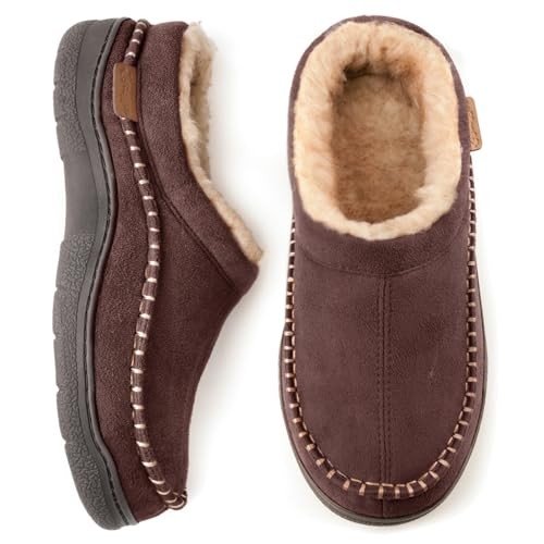 Men's Slip On Moccasin Slippers, Indoor/Outdoor Warm Fuzzy Comfy 9-10 Coffee