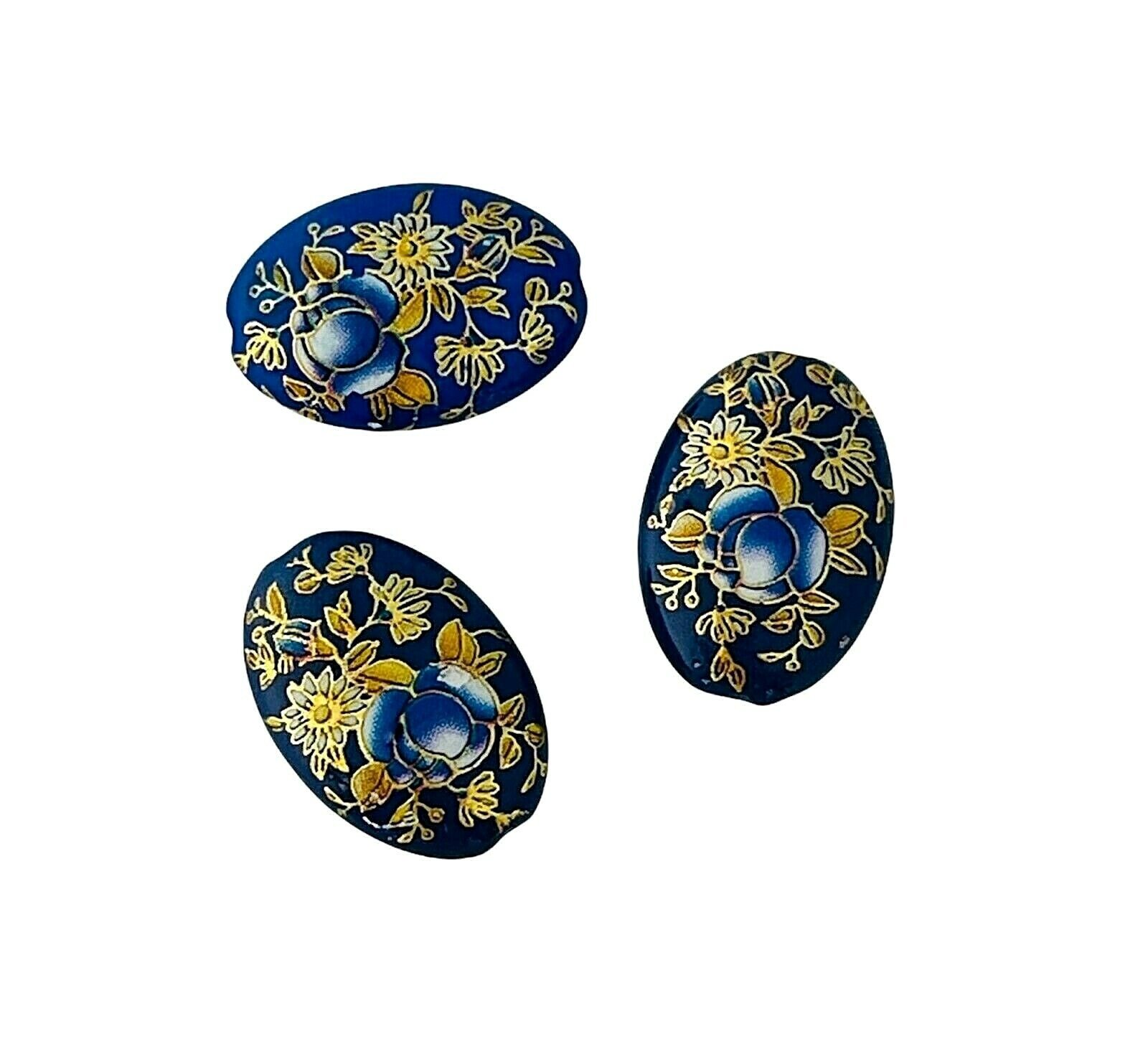 5 pcs Japanese Tensha Blue Gold Rose 19x14mm Flat Oval Painted Acrylic Beads