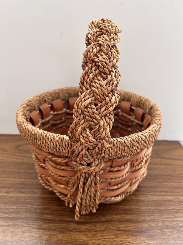 Handmade basket wood raffia rustic farmhouse with handle