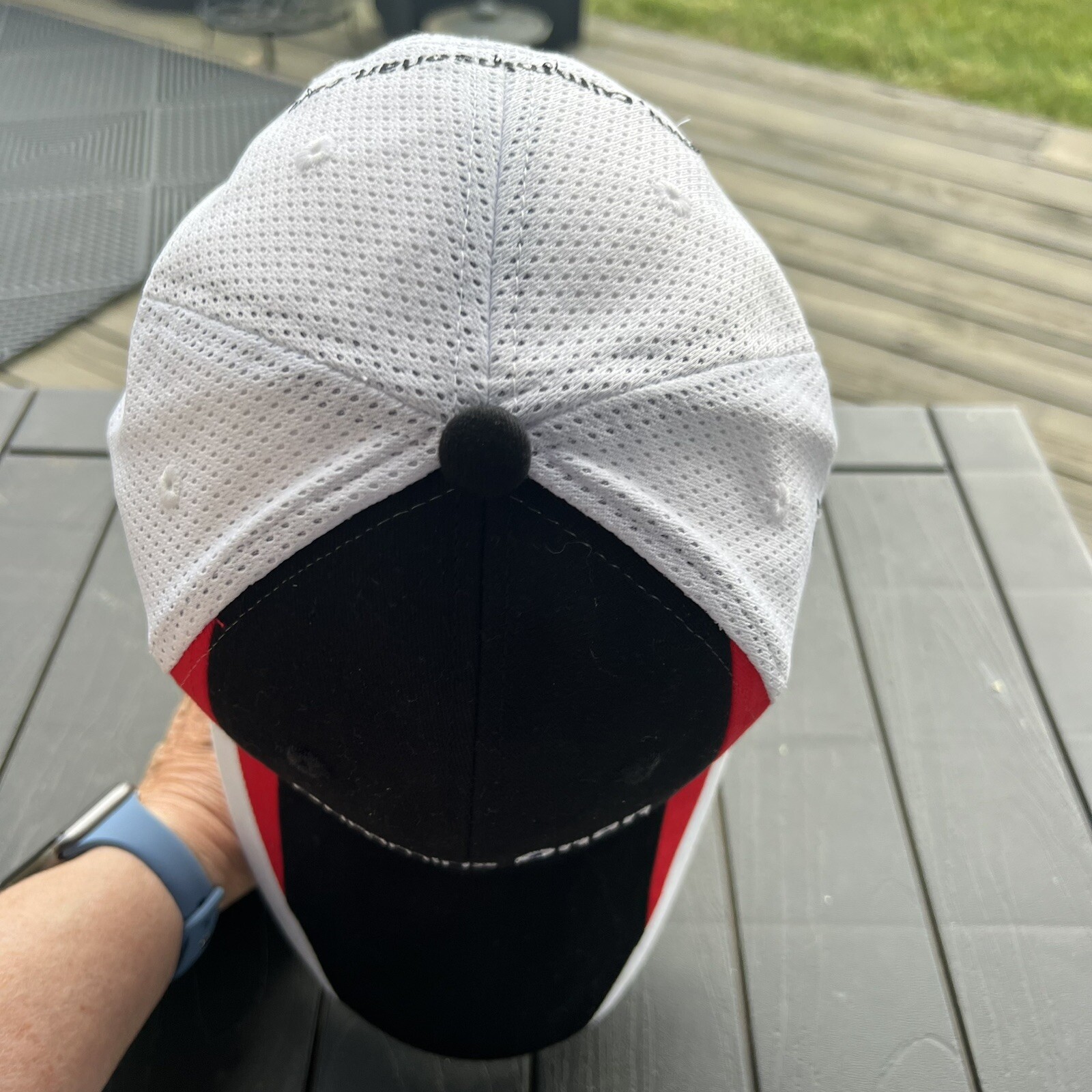 Cummins Onan White Hat Cap w Red and Black Accents Hook Loop Side Cummins Logo