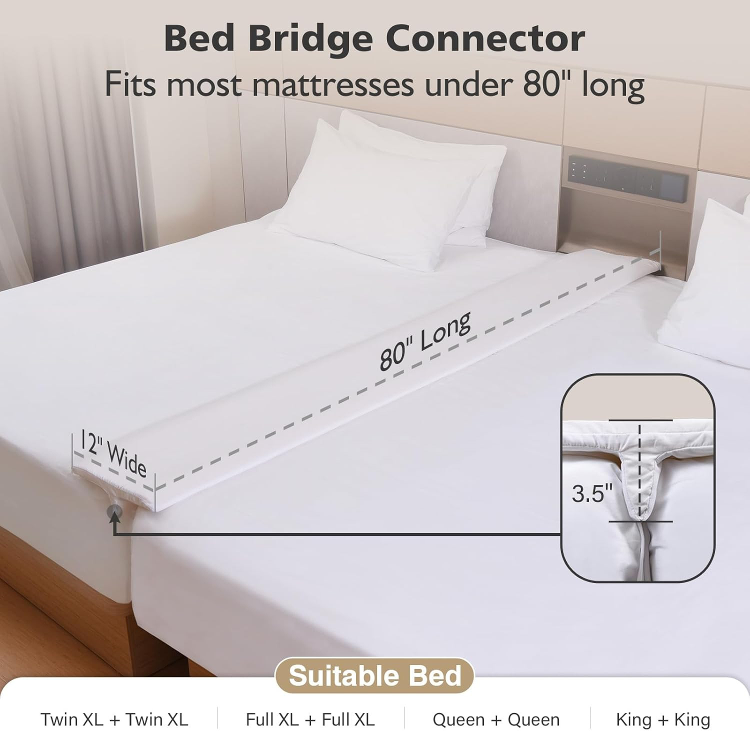 80" X 12" Extra Wide Bed Bridge Twin to King - Split King Gap Filler, High-De...