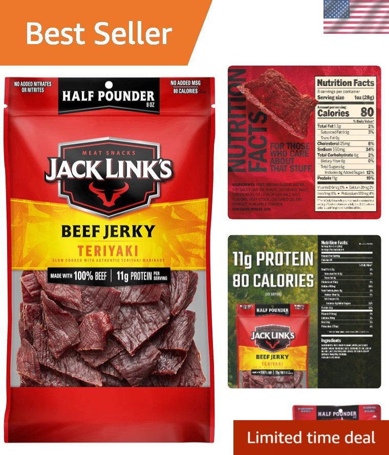 8oz  Teriyaki Beef Jerky - Delicious Snack with 11g Protein, No MSG