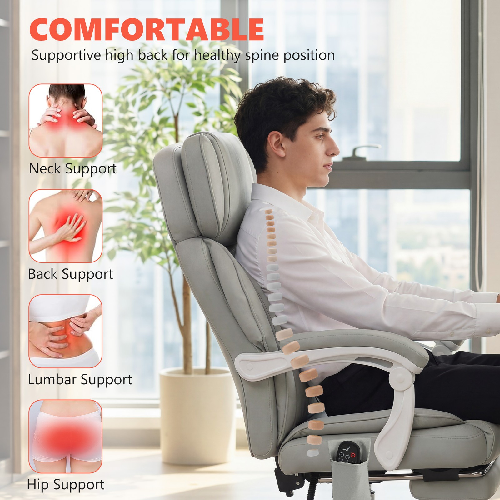Massage Office Chair with Heat Reclining Function, Light Gray