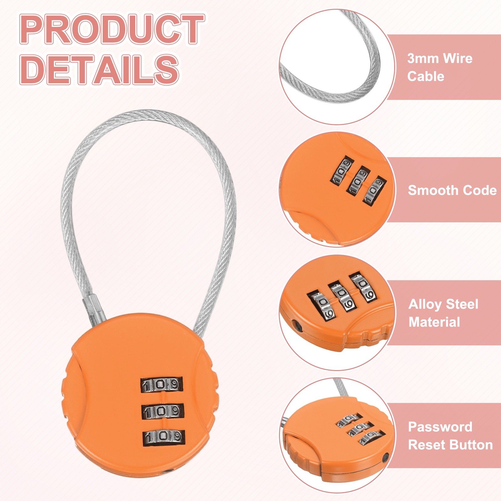 3-Pack Combination Locker Lock, 3 Digit Padlock for Gym/Luggage [Orange]