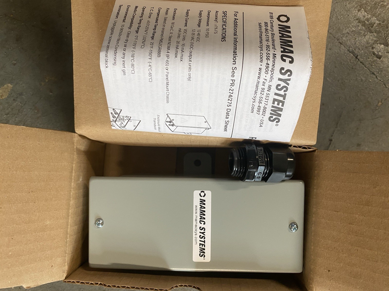 MAMAC Systems PR-274-R3-MA Low Pressure Transducer 4-20mA Output NEMA 4 Open Box