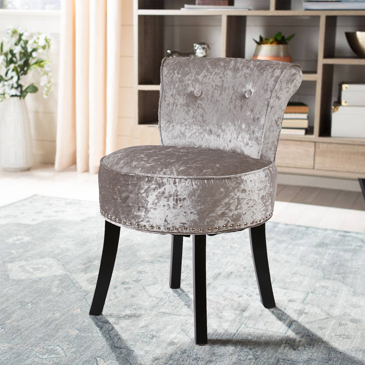 Vanity Stool Chair Makeup Round Velvet Padded Chair with Wood Legs for Bedroom