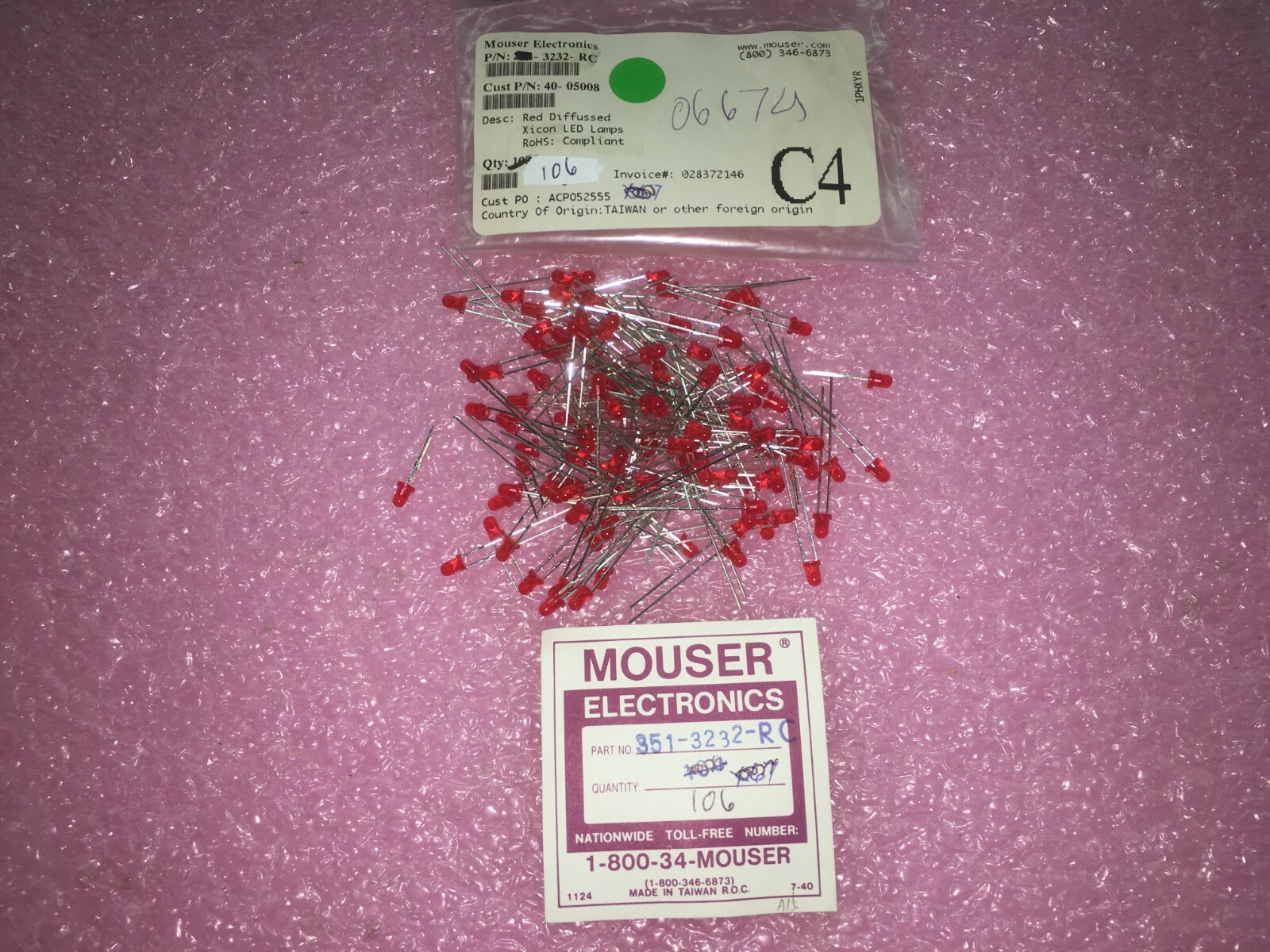 (106 PIECE LOT) 351-3232-RC, XICON, LED Through Hole Red Diffussed