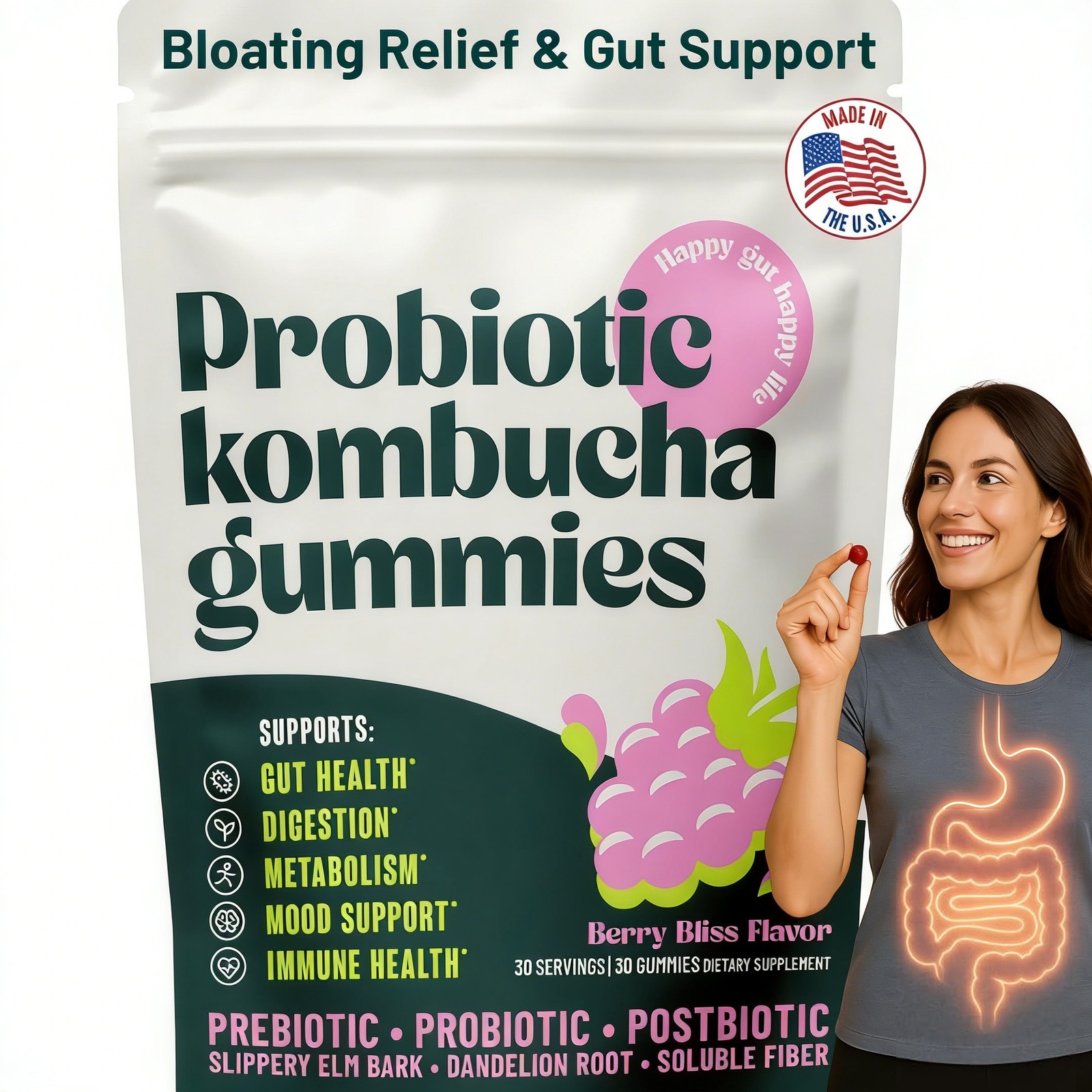 Probiotic Kombucha Gummy - Prebiotics, Probiotics, Postbiotics, Fiber Supplement