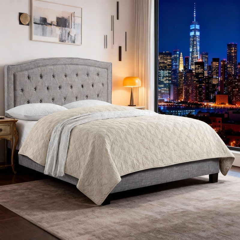 Linen Upholstered Platform Bed Frame W/ Padded Headboard Solid Wood Support New