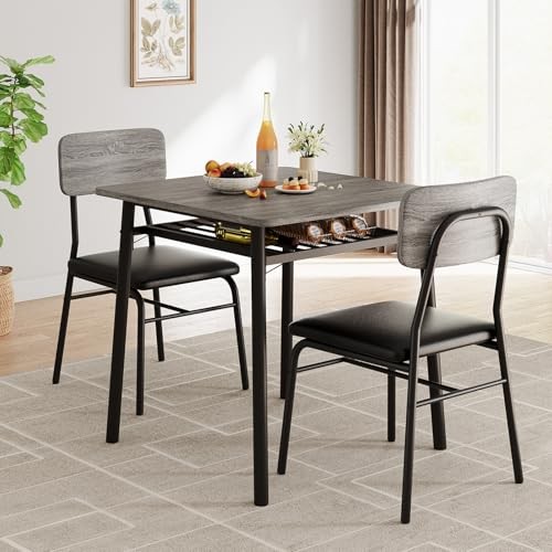 Dining Table for 2 with Storage Rack, Small Table with 2 Chairs Gray -1