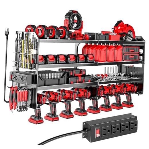 Large Power Tool Organizer Wall Mount with Charging Station, 4 Layer Black