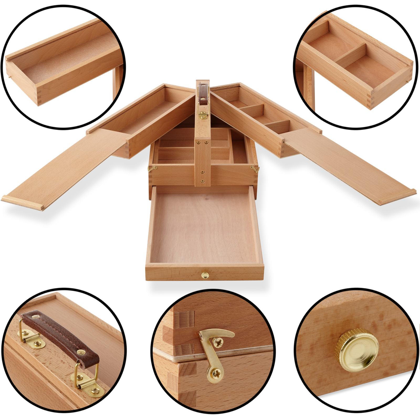 Large Multi-Function Wood Artist Tool and Brush Portable Storage Box Organizer
