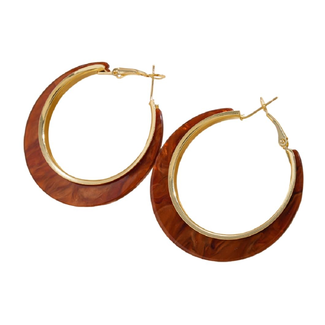 Vintage Round Hoop Earrings Colorful Hollow Geometric Dangling Brown