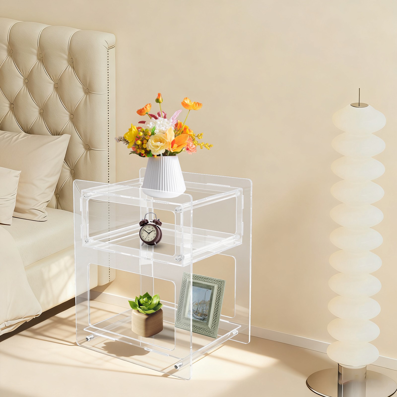 Clear Acrylic Side Table, Acrylic Nightstand, Rectangle Storage Shelf