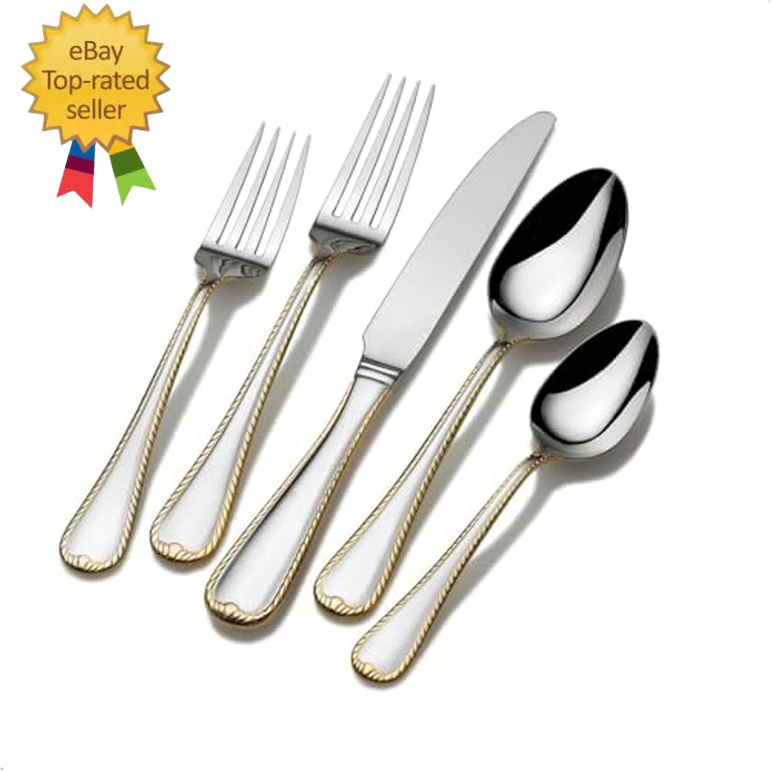 Cameo Gold 65-Piece Flatware Set for 12, 18/10 Stainless Steel Silverware with 2