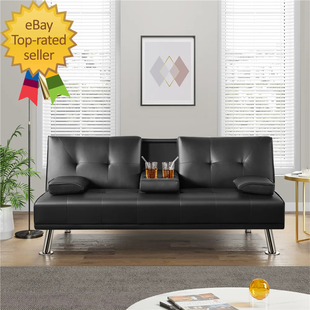 Luxurygoods Modern Faux Leather Futon with Cupholders and Pillows, Black