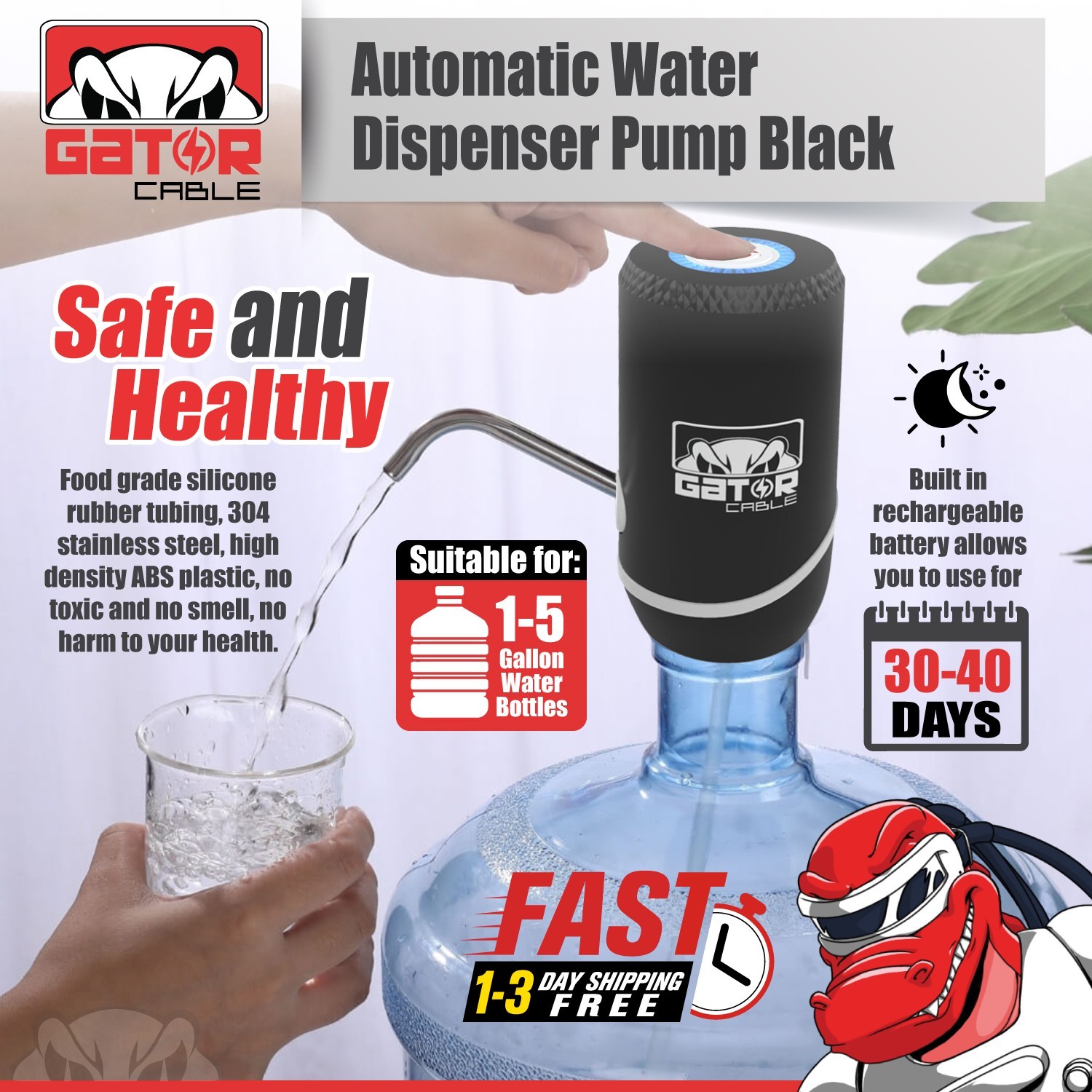 Water Bottle Pump Dispenser Automatic Switch Electric 5 Gallon USB Rechargeable