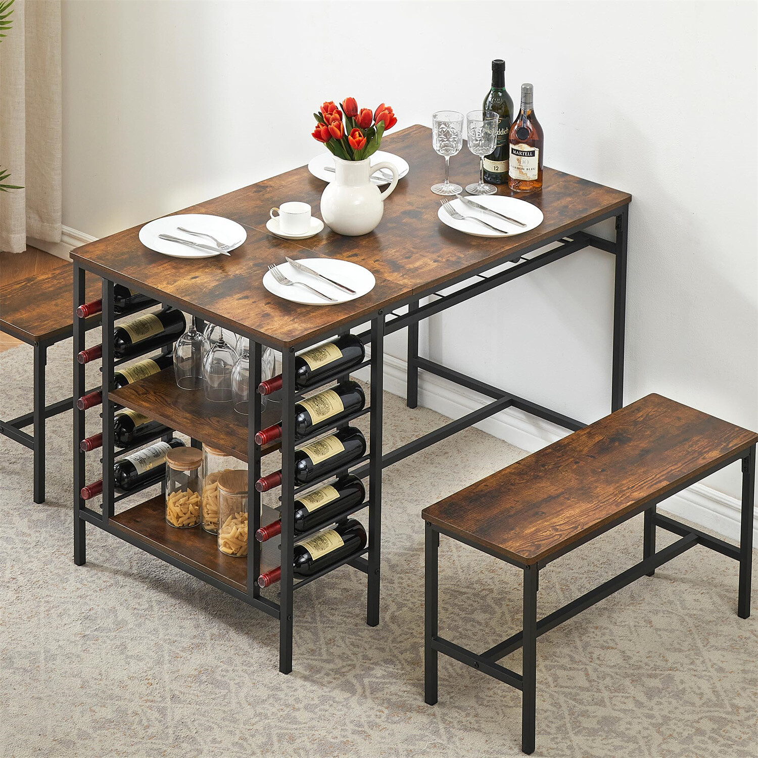 Dining Table Set with Wine Rack for 4 Kitchen Table Set for 4 with 2 Benches