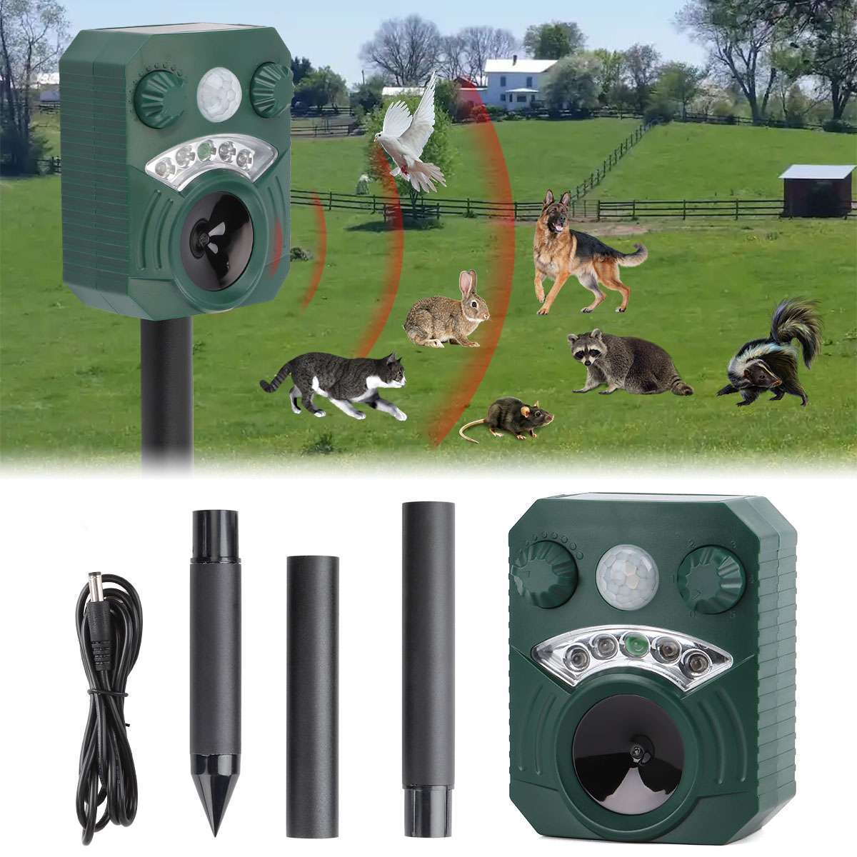 Animal Repeller Ultrasonic Solar Power Bird Dog Cat Skunk Deer Raccoon Repellent
