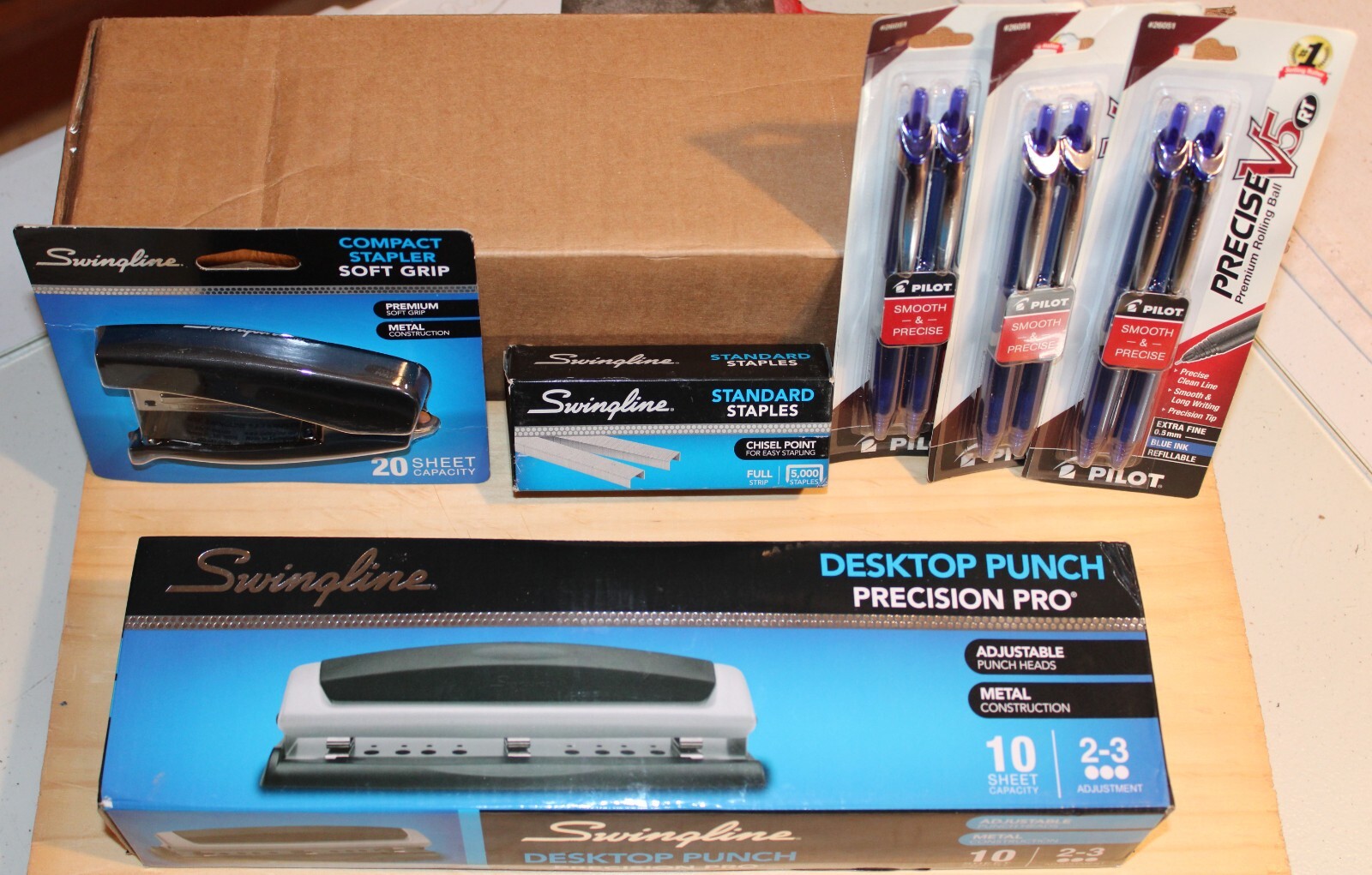New n Box Precision Pro Desktop Swingline Punch & Stapler & Staples & Pilot Pens