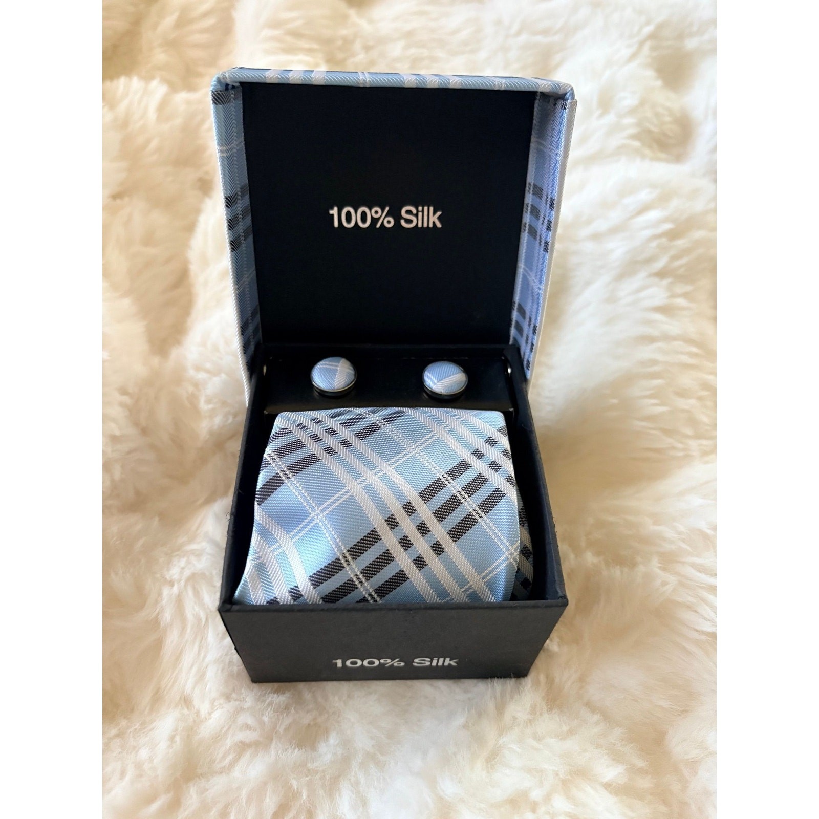 100% Silk Tie Gift Set with Matching Pocket Square & Cufflinks –Light Blue Plaid