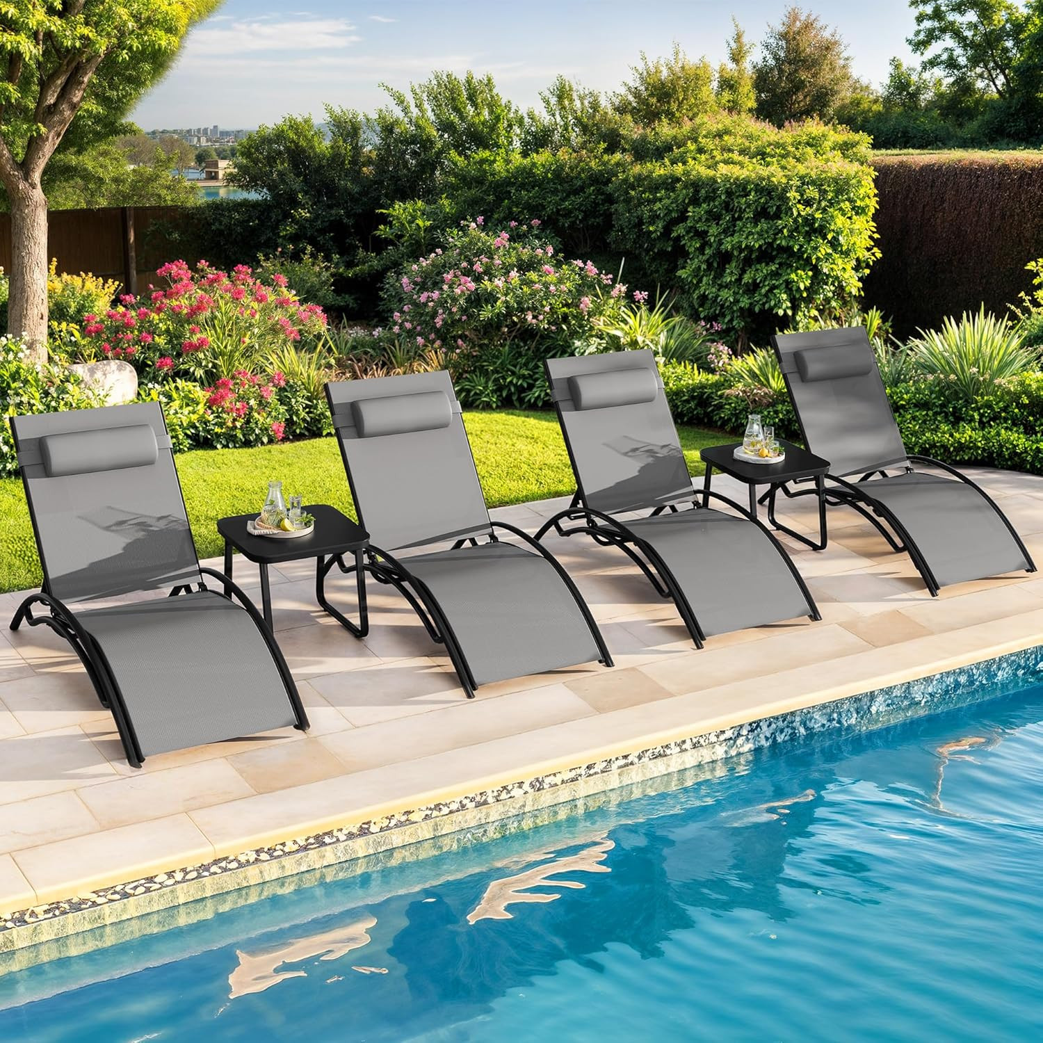 Outdoor Chaise Lounge Chair Set of 6, Pool Lounge Chairs with Side Table & 5-Pos