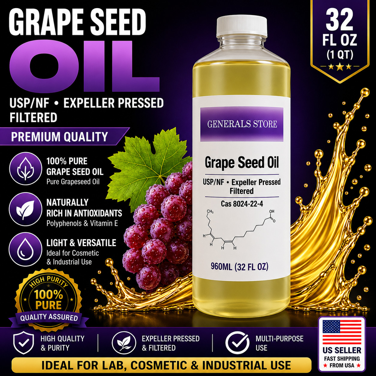 USP NF Grapeseed Oil 32oz RBDW Refined Filtered Carrier Oil Premium Purity
