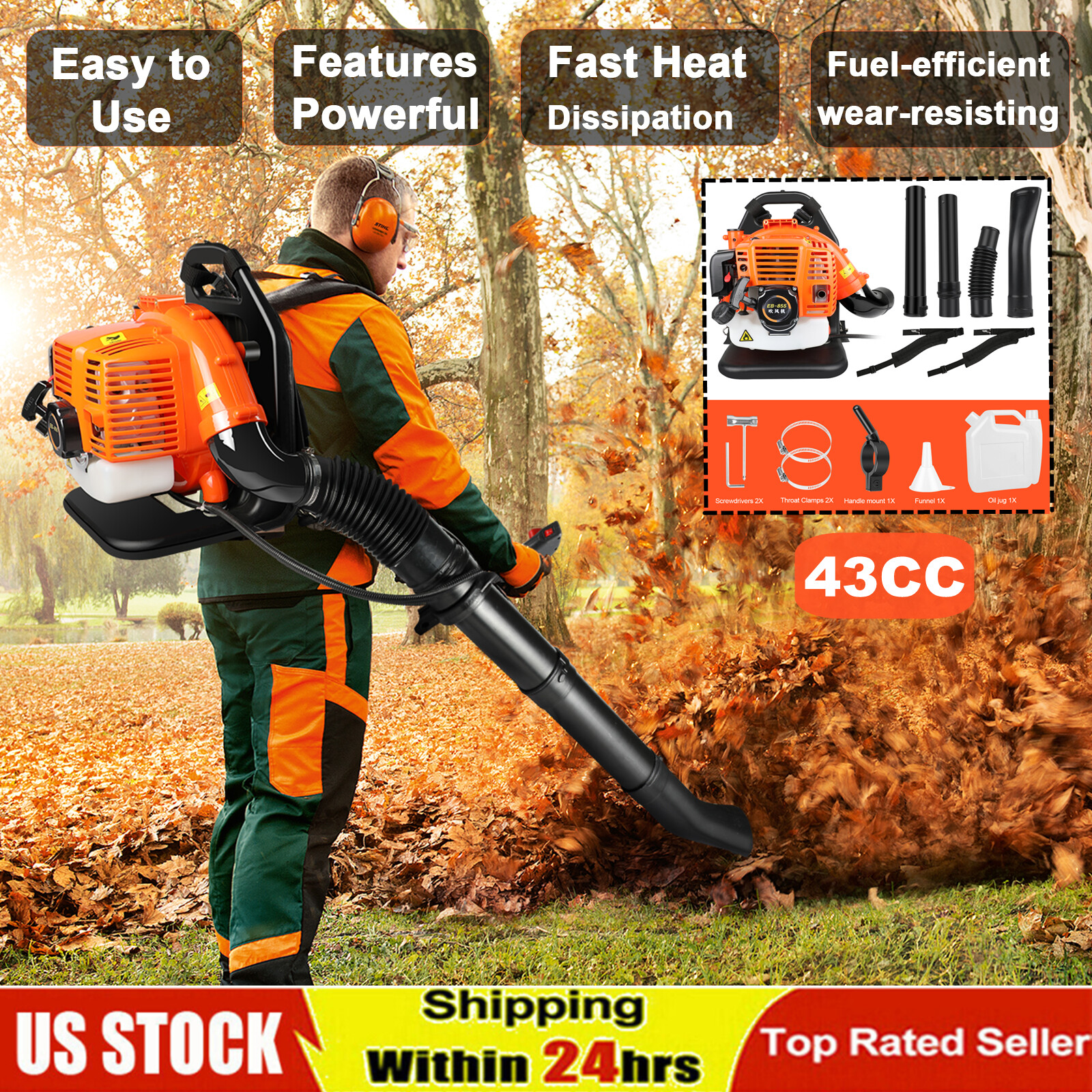 Backpack 43CC Leaf Blower Gas Powered Snow Blower 665CFM 270MPH 2-Stroke 3HP US