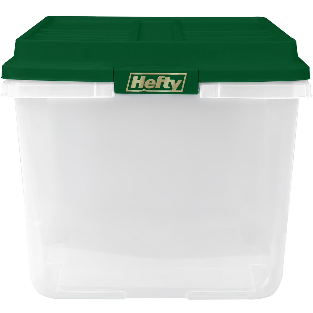 Hefty 72 Qt Clear Plastic Storage Bin, Green Hi-Rise Lid, Stackable Tote, 6 Pack