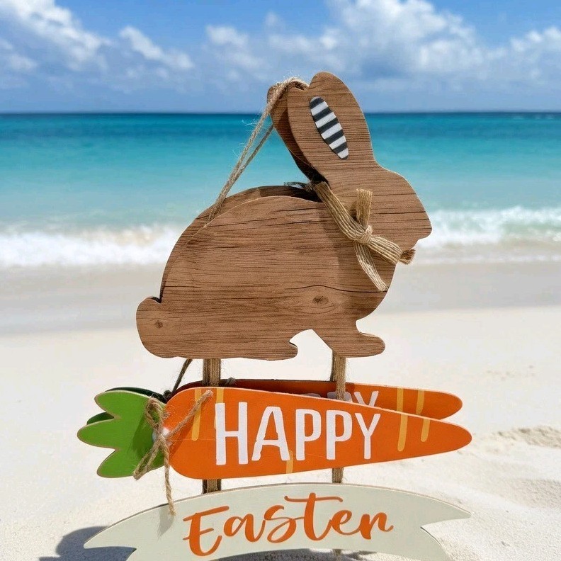 Easter Bunny Carrot Wall Plaque Wood Hanging Brown Orange Green Shabby Vertical