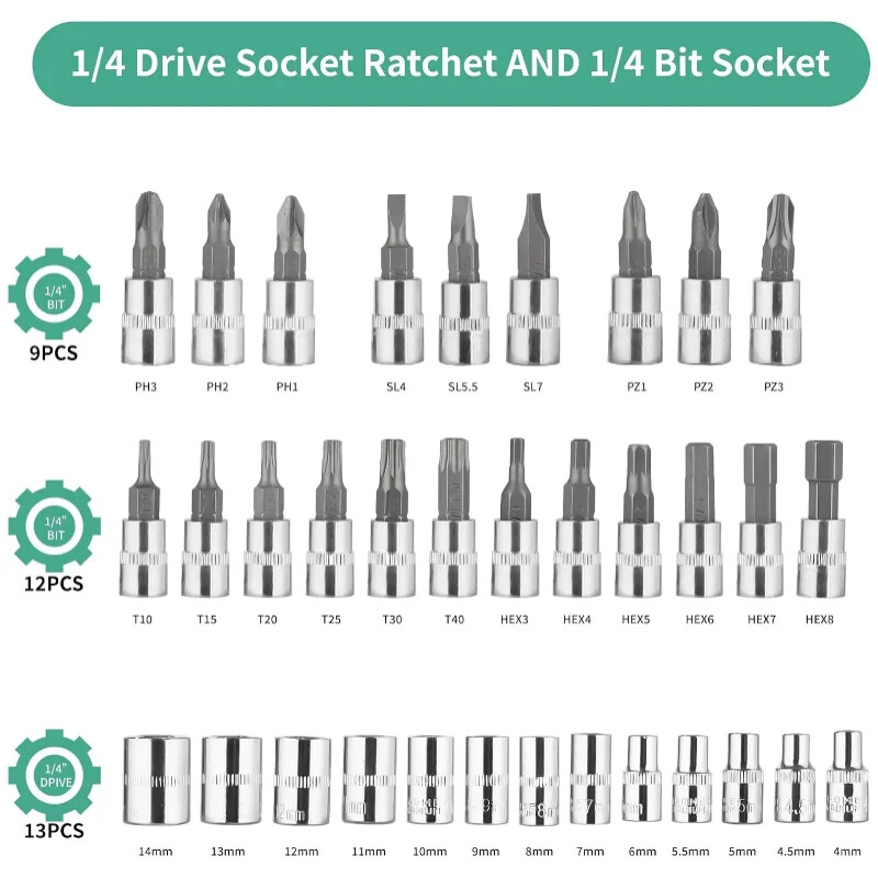 46Pcs Socket Set Car Repair Tool Ratchet Torque Wrench Kit 1/4" Drive with Box
