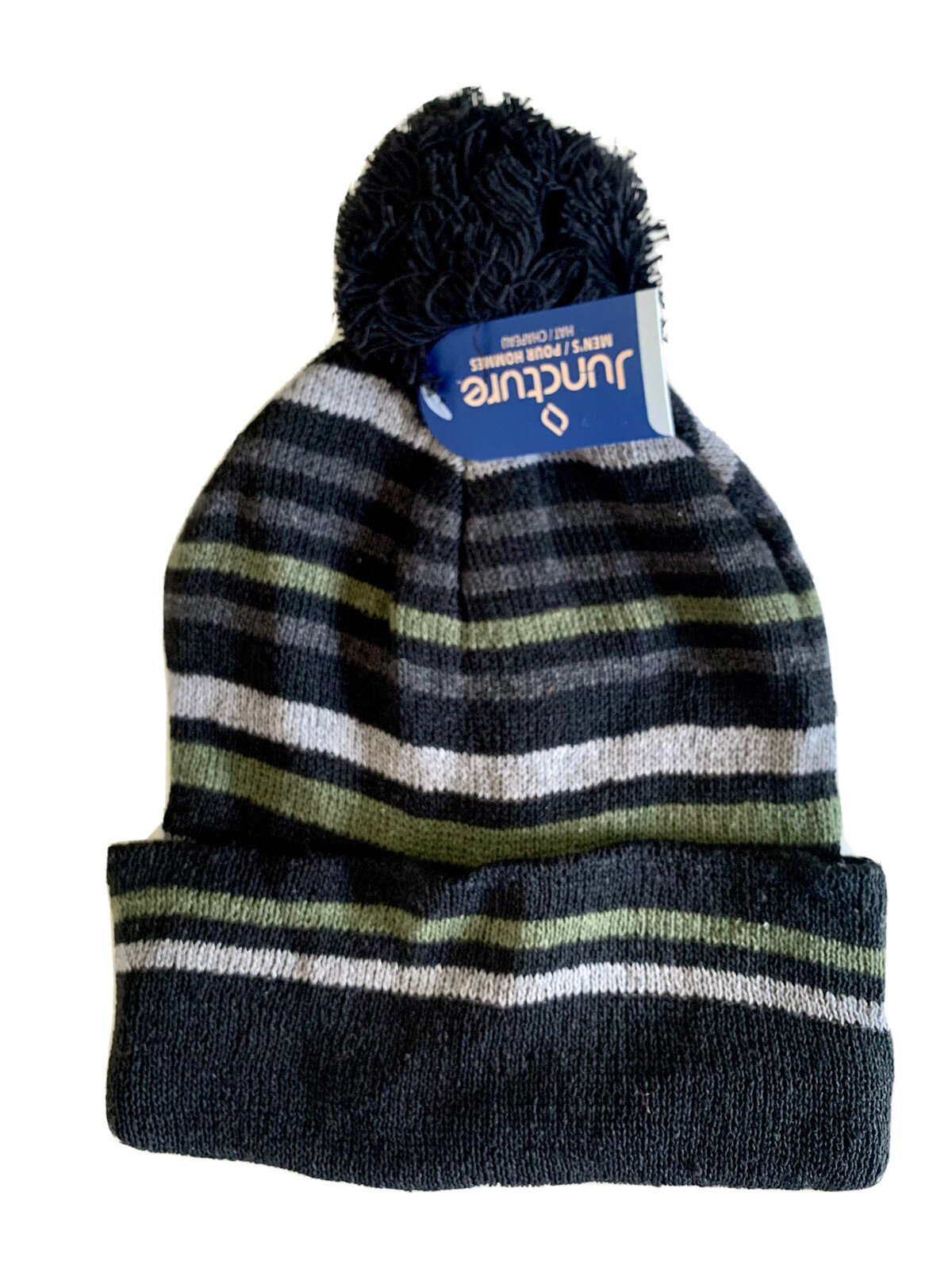 Ski Hat Striped Knit Black Army Green Grey Classic Winter Beanie Hat Pompom