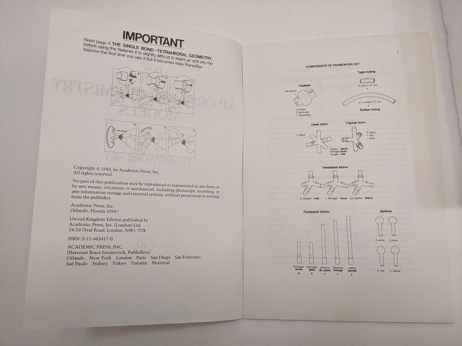 Academic Press AP Organic Chemistry Models Framework Set Vintage 1986 BOXED