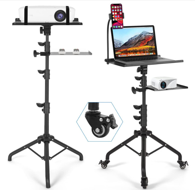 Trípode portátil con ruedas para laptop y proyector, altura ajustable con estant