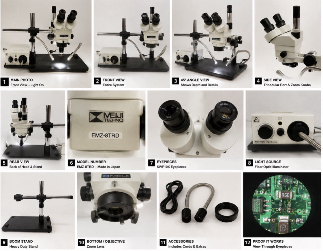 Meiji Techno EMZ-8TRD Trinocular Stereo Microscope w/ Boom Stand
