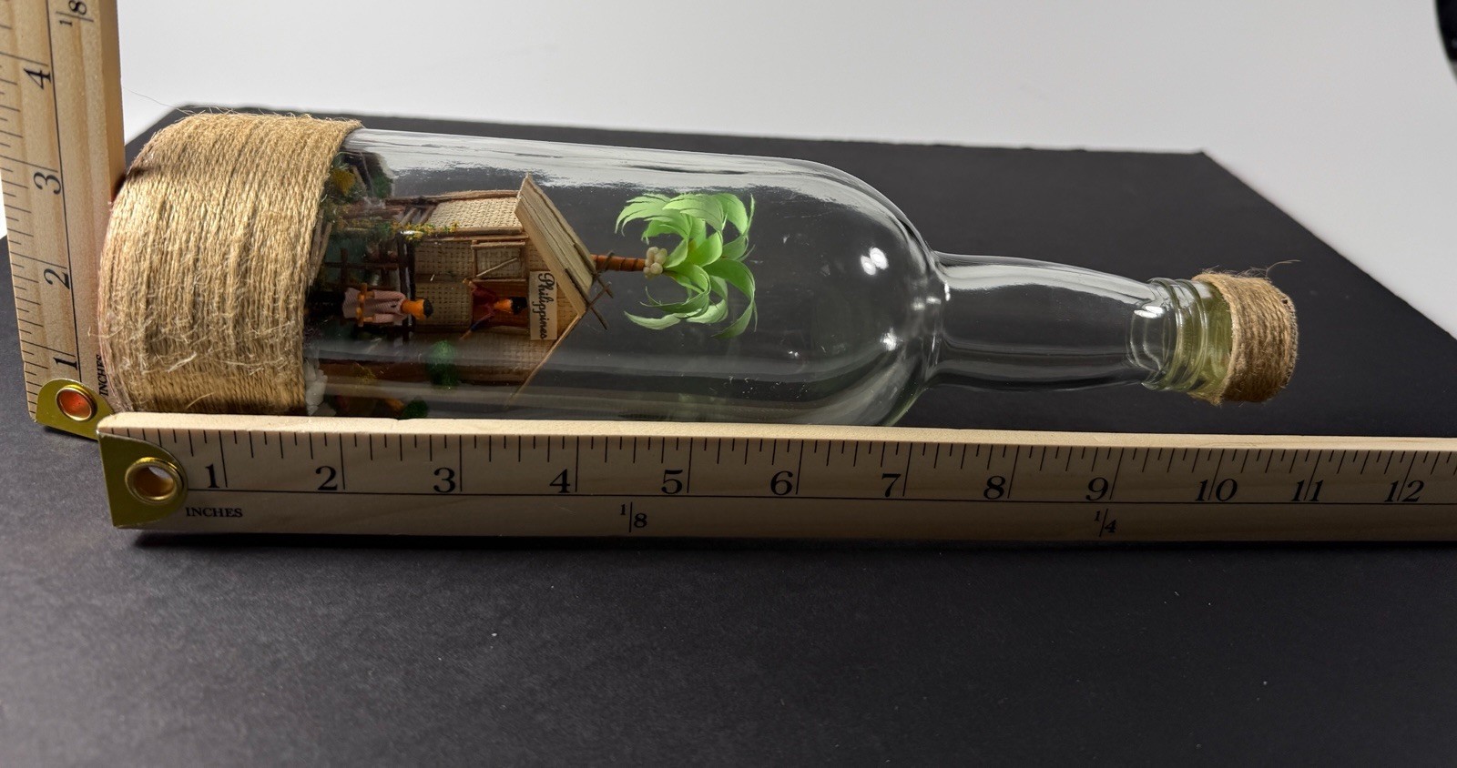 Vintage Handmade Philippines Diorama in Glass Bottle Detailed Tropical Hut Scene