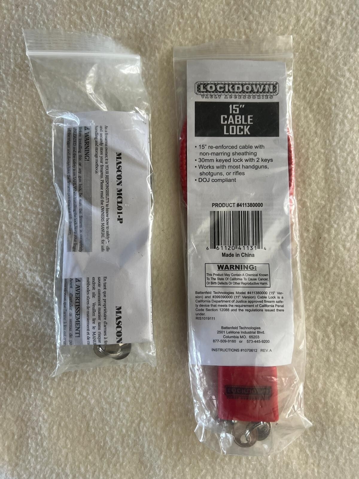 Set 2pc, Gun Safety Cable Locks, Both With 2 Keys