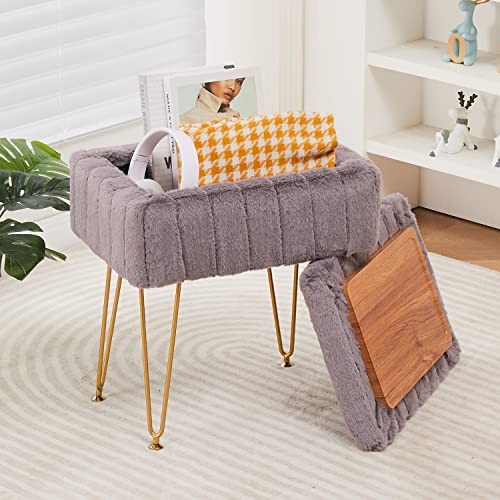 Faux Mink Fur Storage Ottoman, Modern Soft Footstool, Storage Bench with Grey