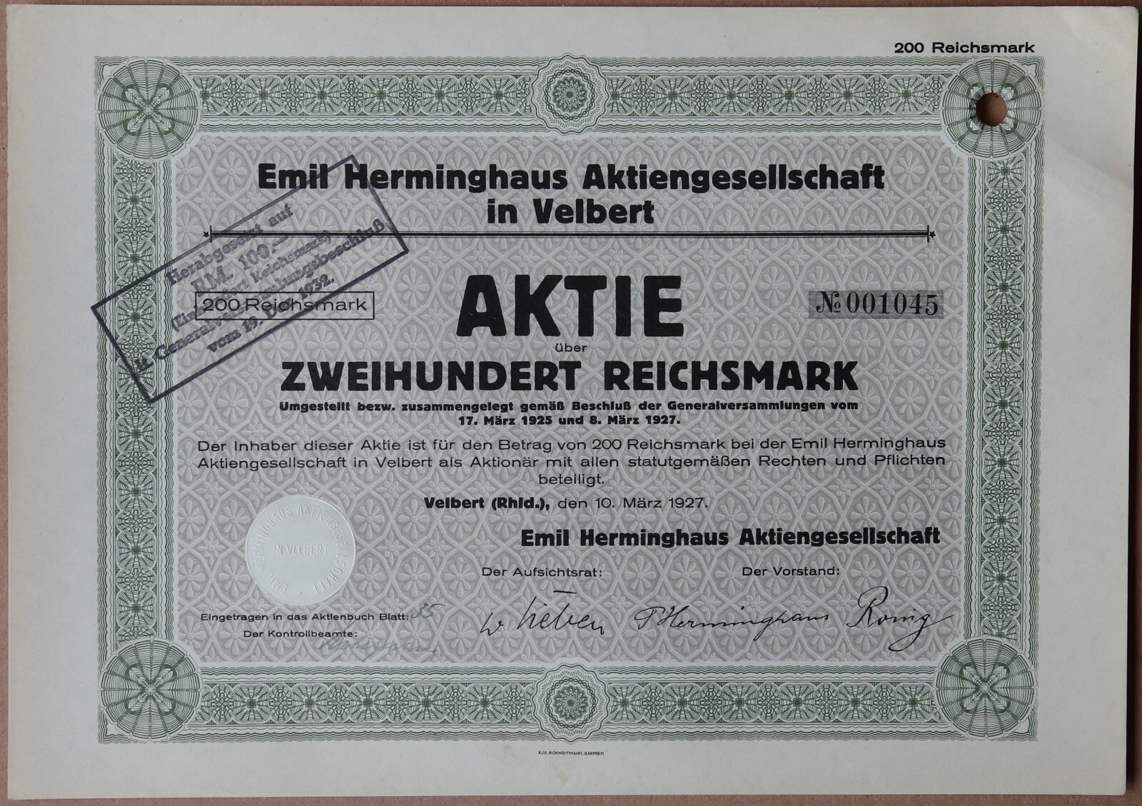 200 Reichsmark 1927 - Velbert / Germany Loan Bond - Series: 001045 - "W82"