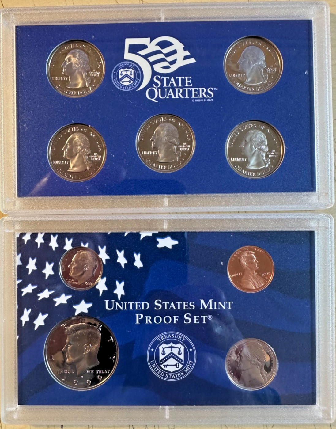 1999 US Mint Proof Set - 9 Coins  First Year State Quarters - Original Box & COA