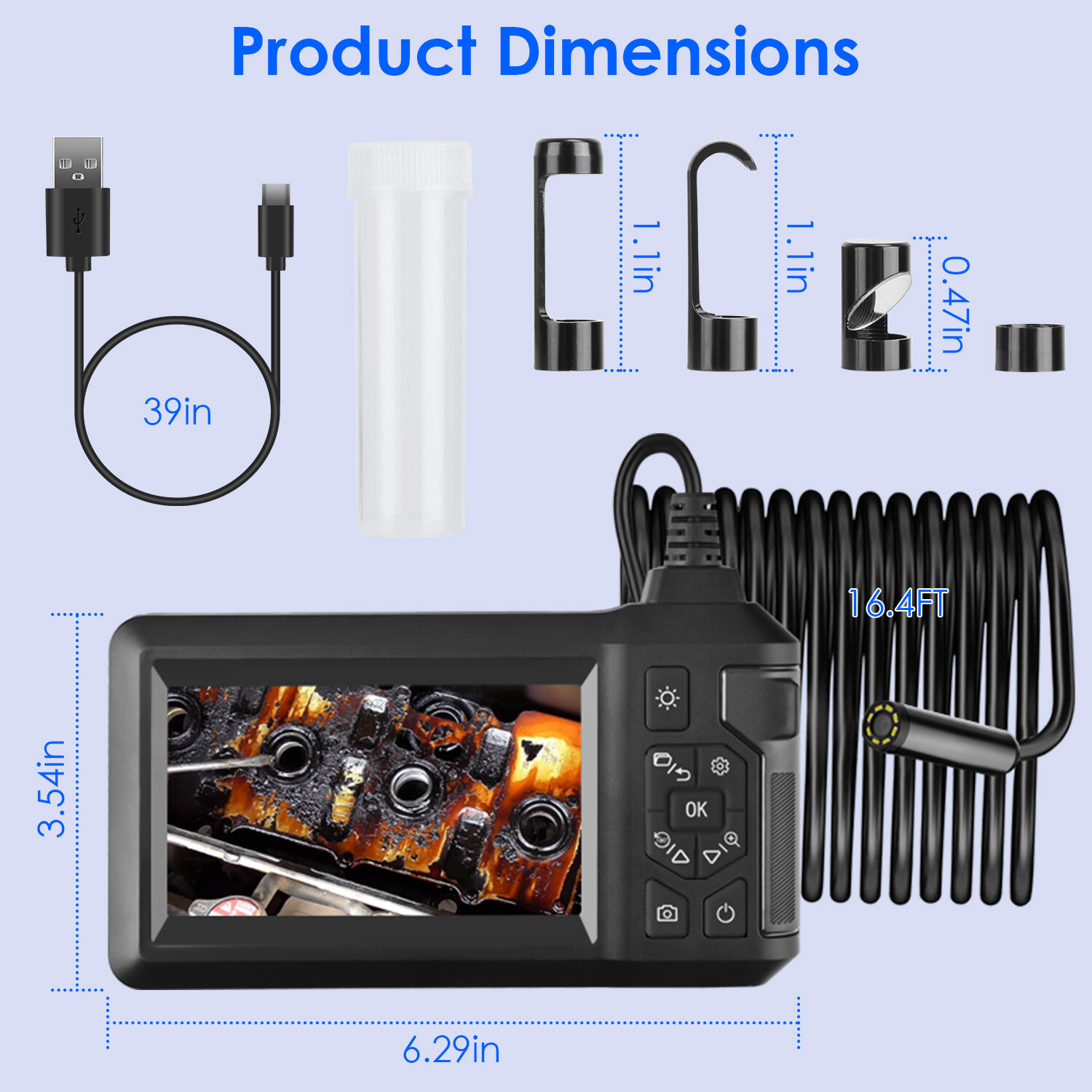 1080P Endoscope Camera 4.3'' Screen Borescope Inspection Snake Camera 16.4FT