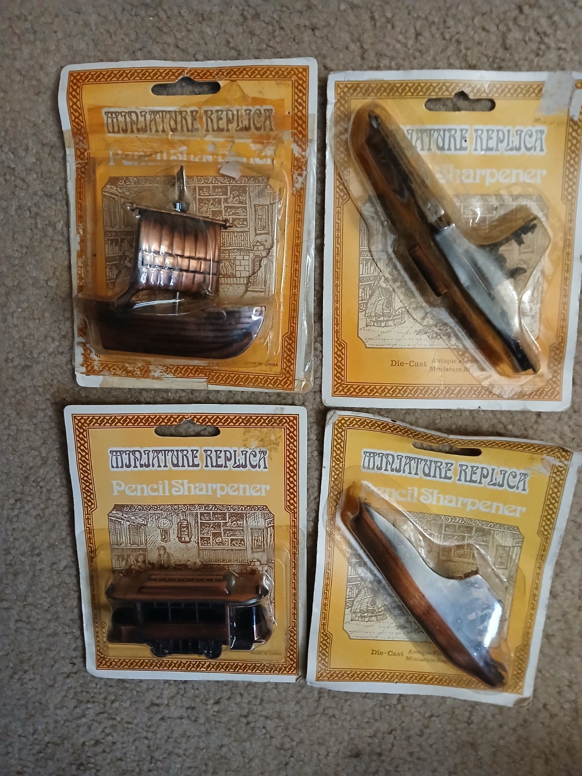 LOT 4 DIE-CAST PENCIL SHARPENERS WITH BOXES. Aircraft Carrier, Ship Trolley