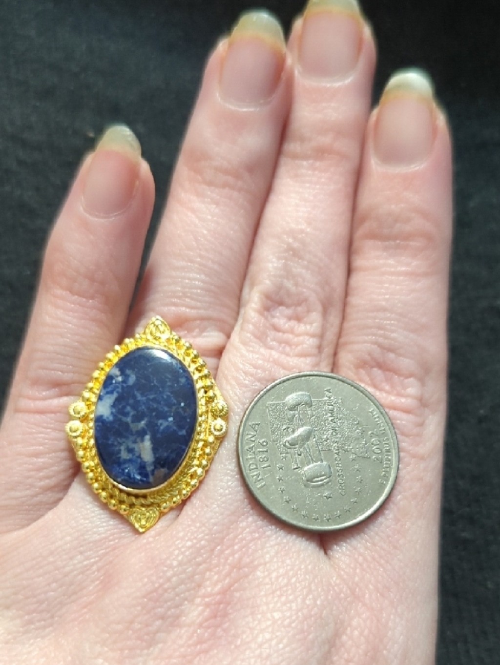 Gold Plated Blue Sodalite Gemstone Oval Statement Ring - Size 6