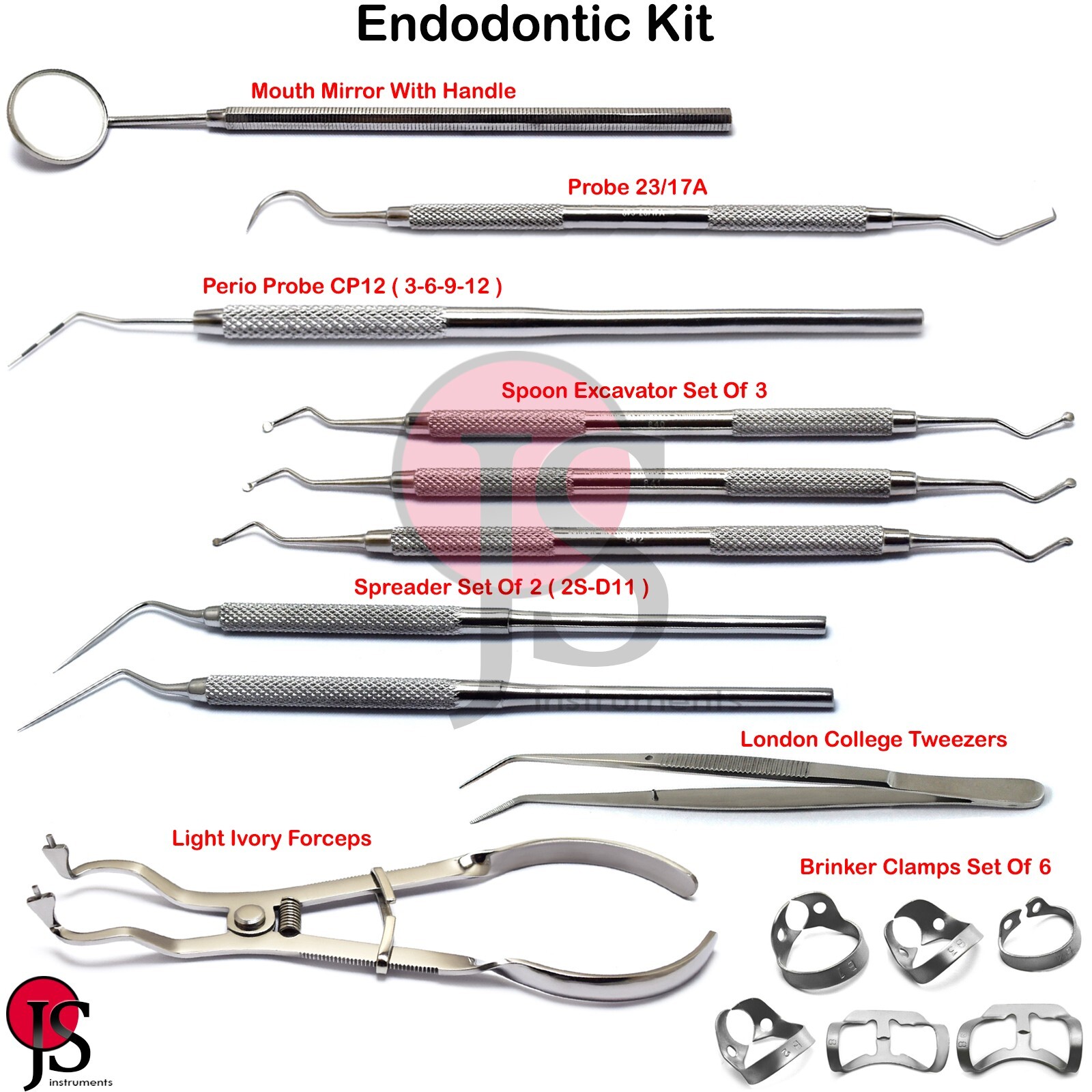 16PCS Dental Endodontic Kit Spoon Excavator Root Canal Spreader Rubber Dam Clamp