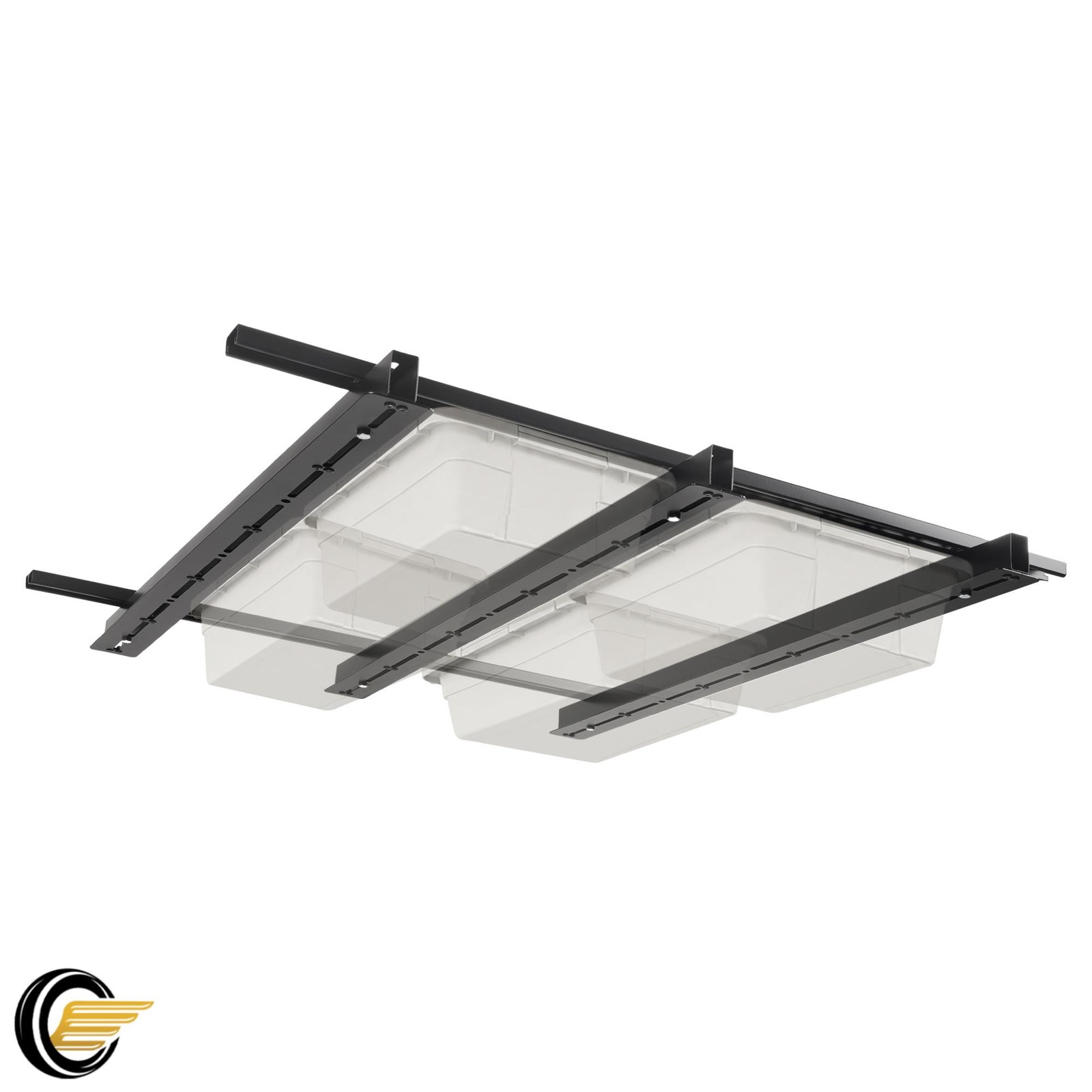 Heavy Duty Garage Ceiling Bin Storage Rack Overhead Tote Storage Rail System