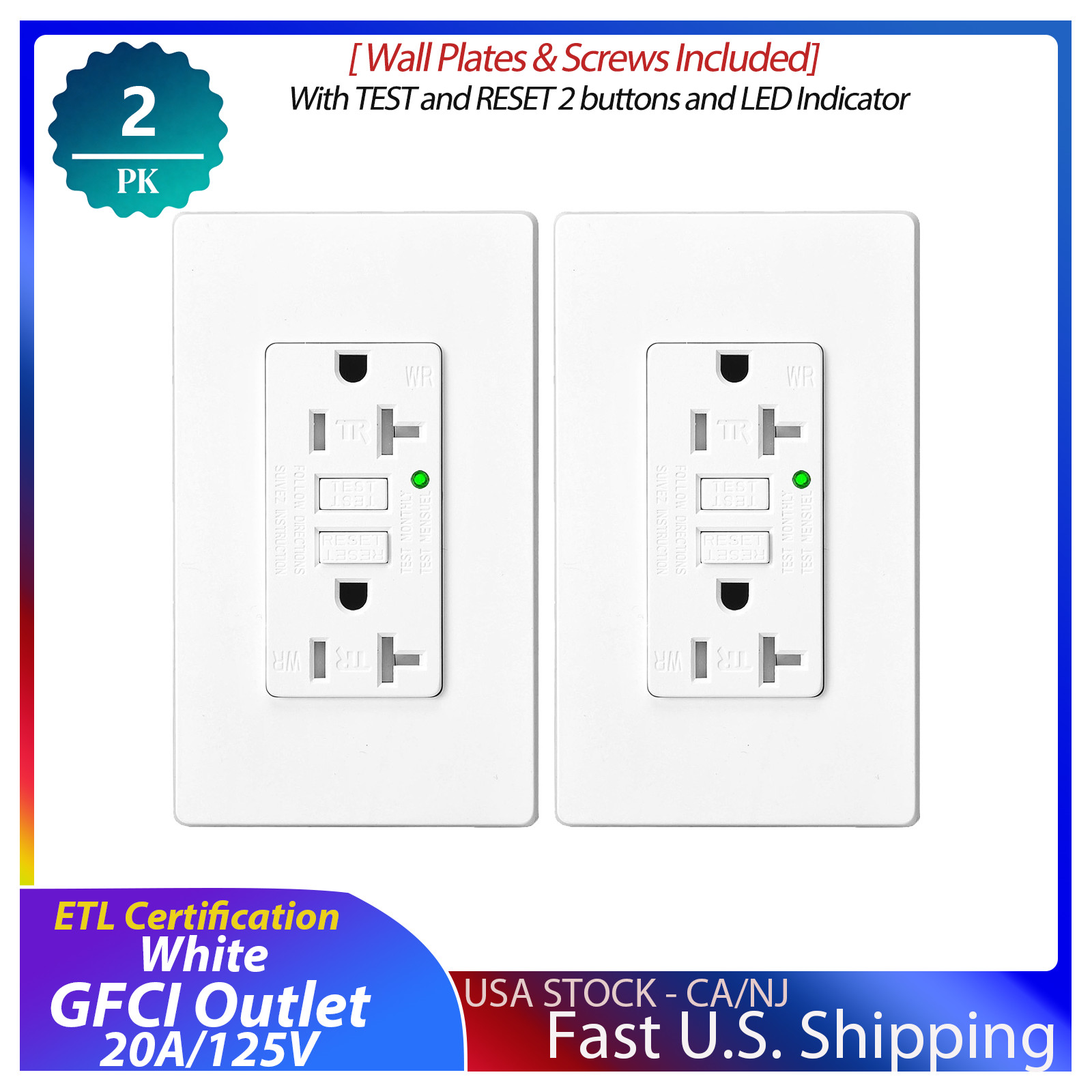 2x GREENCYCLE GFCI 20A White Outlet Tamper Resistant (TR)&Weather Resistant (WR)