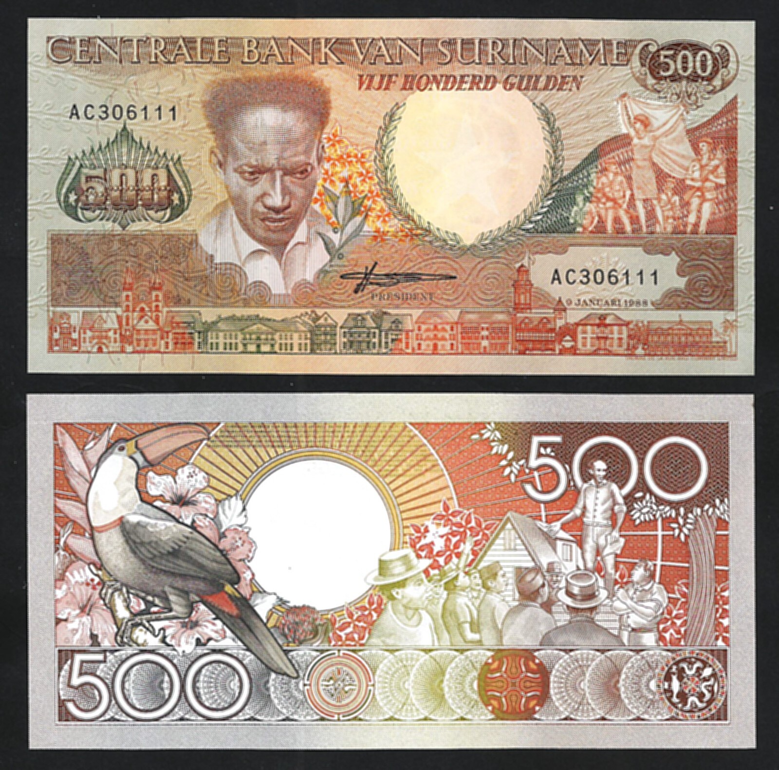 Suriname 500 Gulden 1988, UNC, P-135b, Toucan