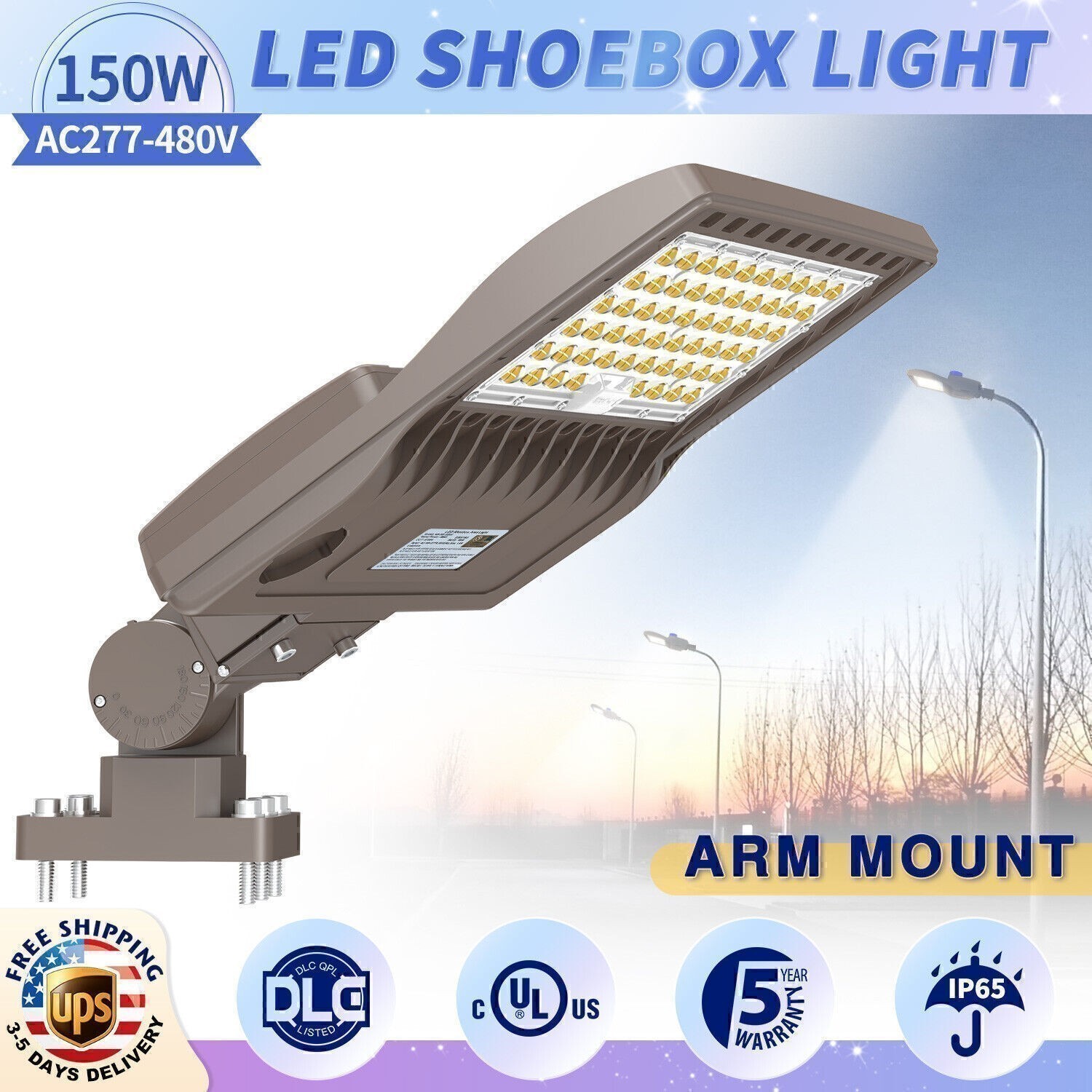 150W LED Parking Lot Lights 480V Commercial Area Road Shoebox Lighting Arm Mount