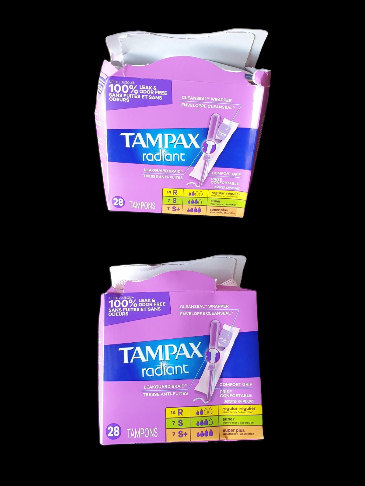 Tampax Radiant Tampons LeakGuard Braid Regular/Super Absorbency 2-Pack Open Box